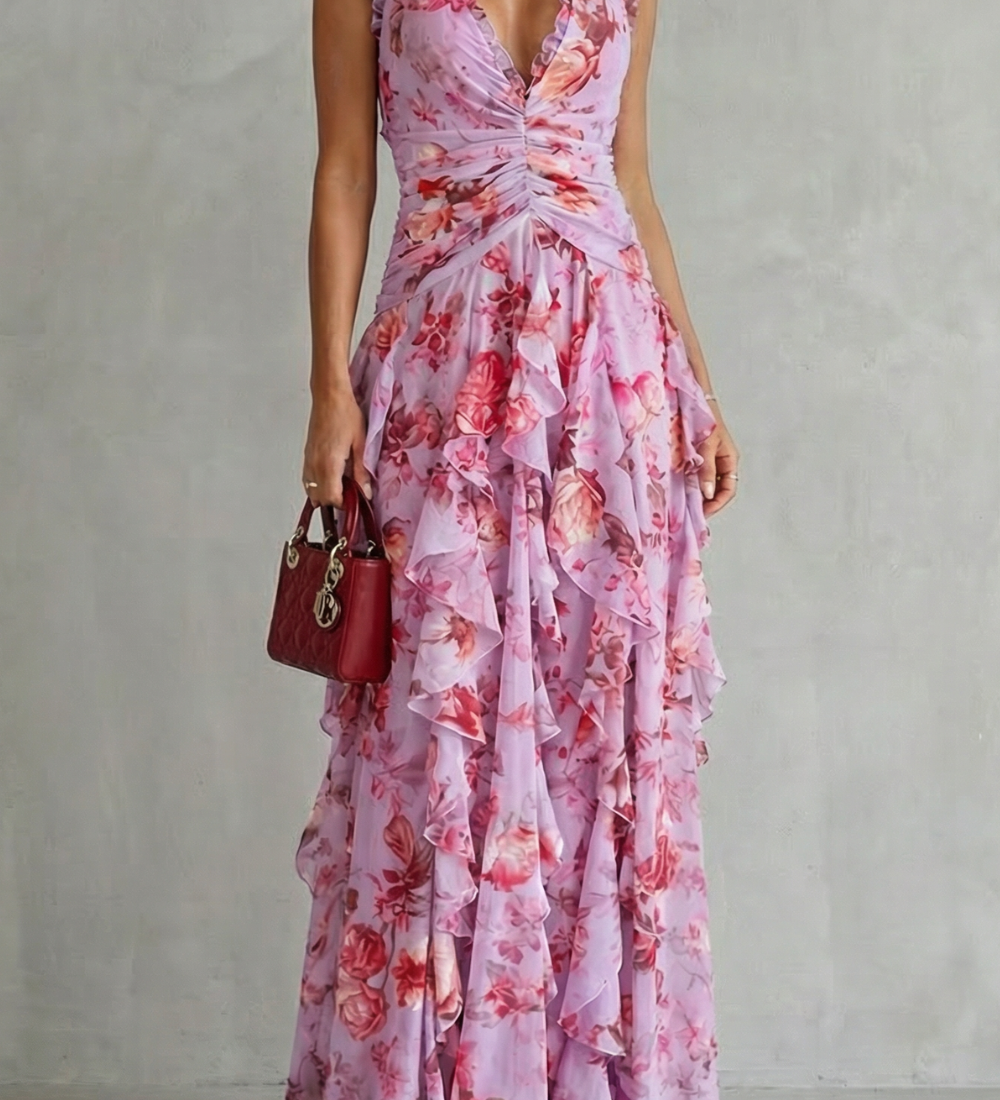 Belladina | Romantic Cascading Rose Long Dress with American Neckline