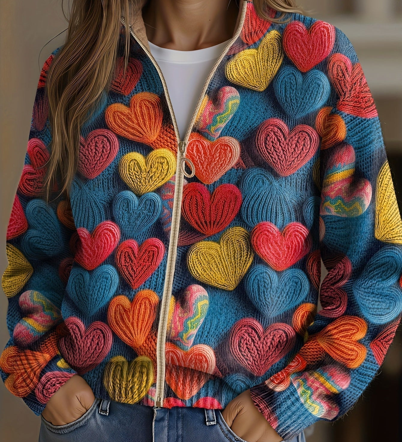 Madeline - Multicoloured Heart Textured Knit Cardigan