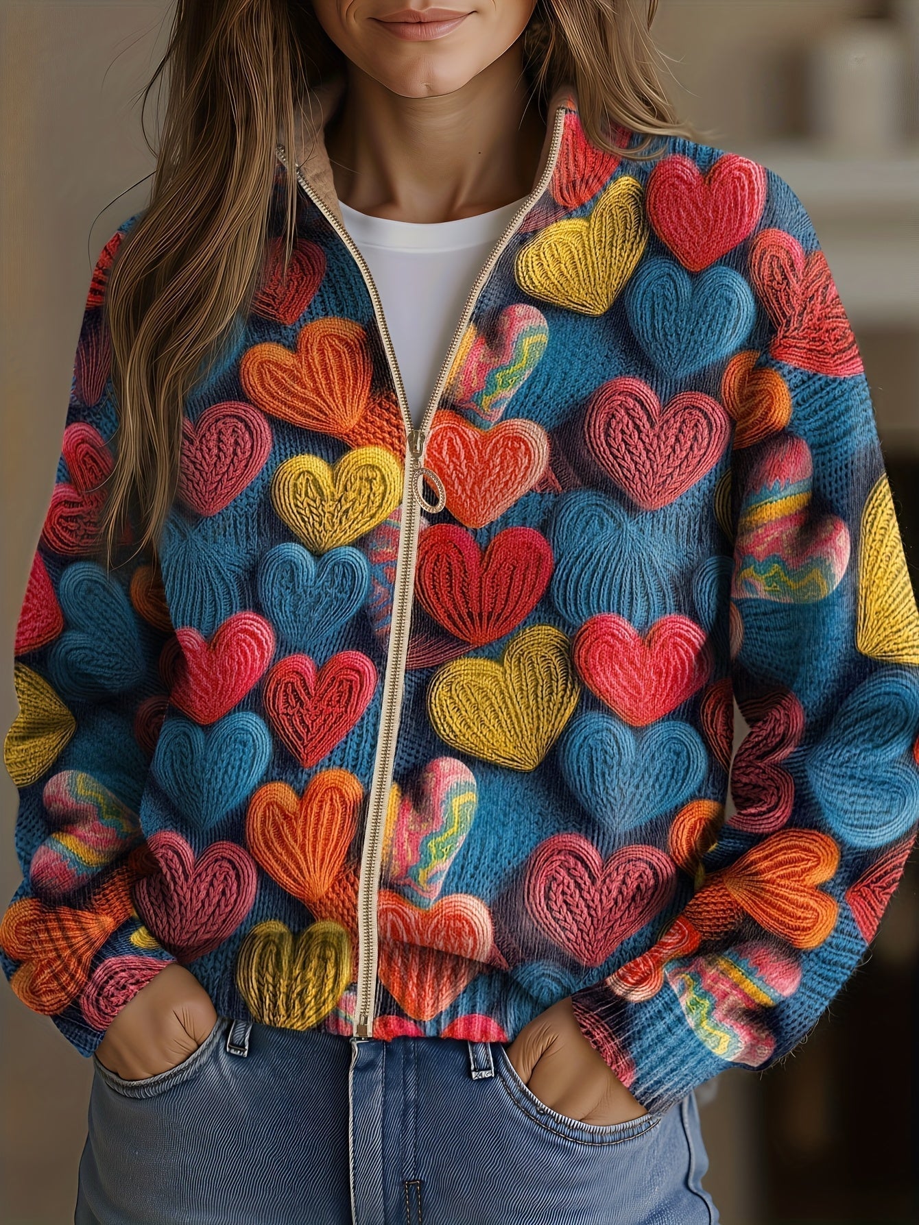 Madeline - Multicoloured Heart Textured Knit Cardigan