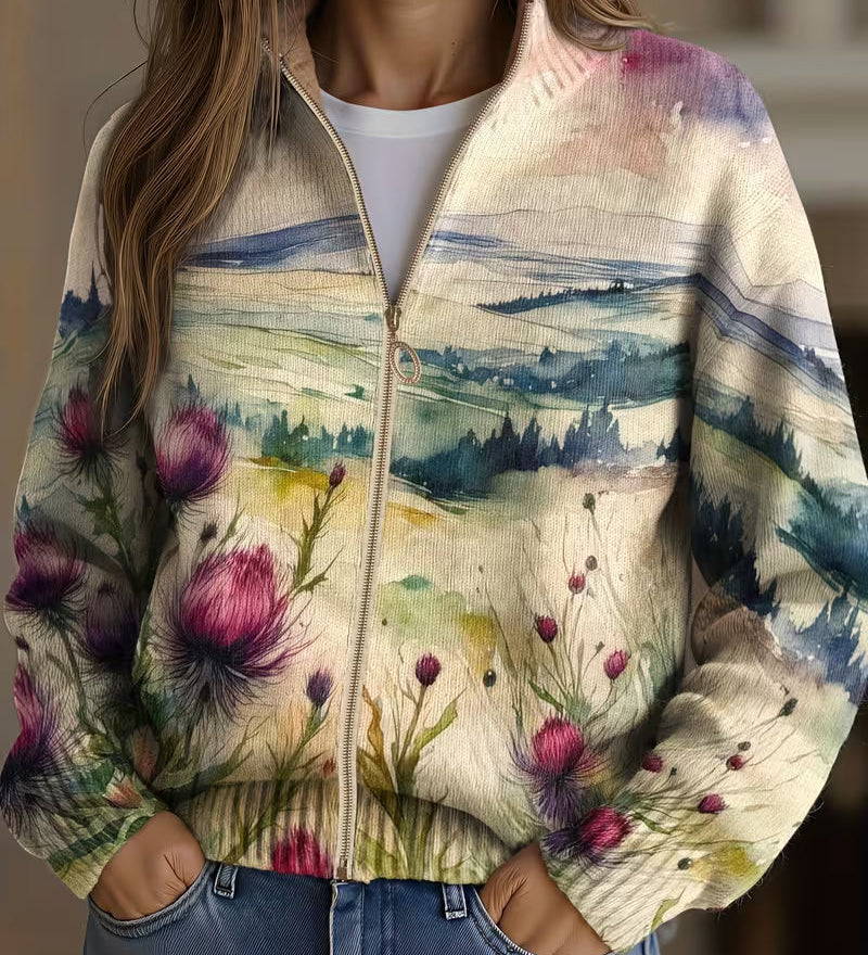 Avery - Thistle Landscape Zip-Up Cardigan