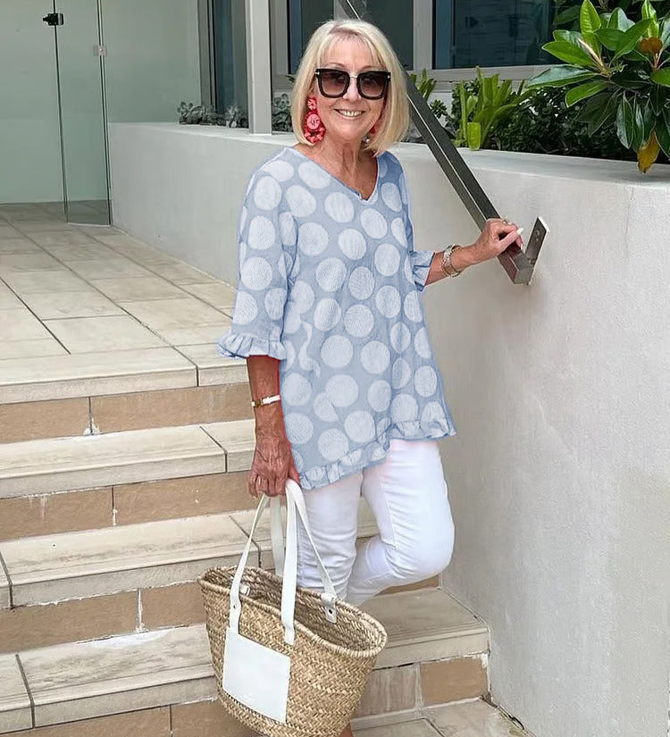 Denise | Relaxed V-Neck Polka Dot Blouse