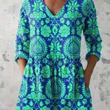 Ines | Turquoise Print V-Neck Blouse