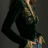 Nora | Long-Sleeve Velvet Blouse with Embroidered Flowers