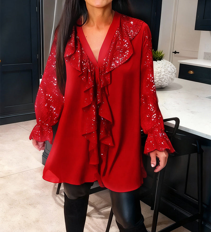 Loose Solid Colour Blouses with Ruffles