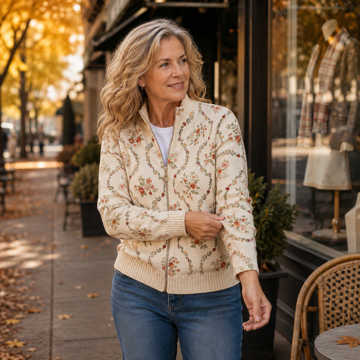 Danielle - Delicate Floral Print Zip-Up Cardigan