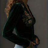 Nora | Long-Sleeve Velvet Blouse with Embroidered Flowers