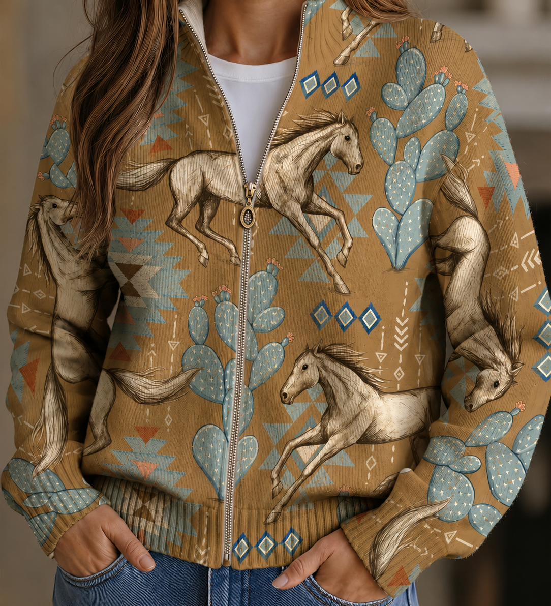 Kaitlyn - Cactus & Desert Horse Zip-Up Cardigan