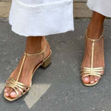 Solveig | Golden Strappy Block Heel