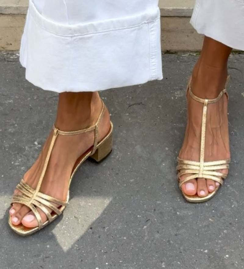 Solveig | Golden Strappy Block Heel