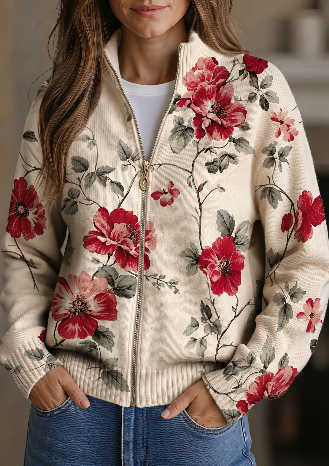 Penelope - Floral Print Vintage Zip-Up Cardigan