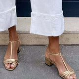 Solveig | Golden Strappy Block Heel