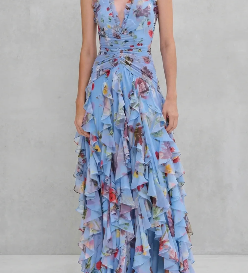 Belladina | Romantic Cascading Rose Long Dress with American Neckline