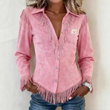 Kinsley │ Fringe Suede Button-Up Blouse