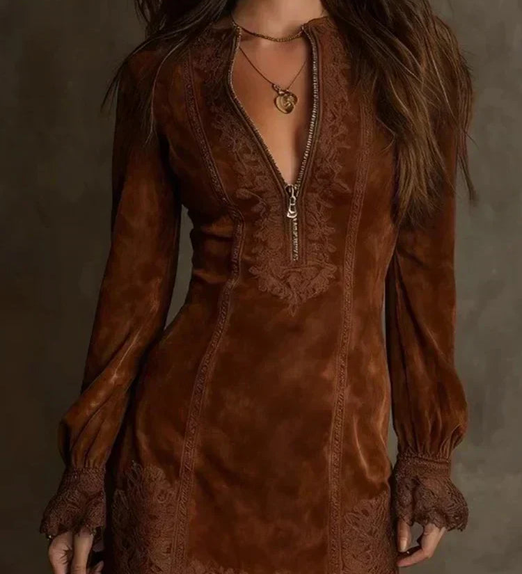 Short Suede Lace Dress Feminine & Sophisticated