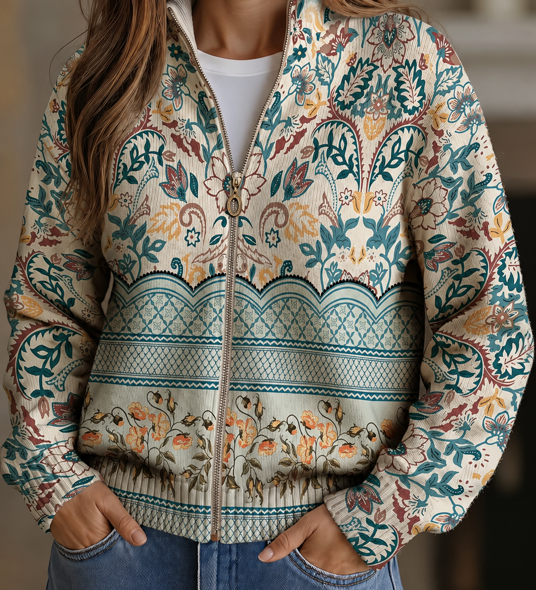 Olivia - Retro Floral Botanical Print Zip-Up Cardigan