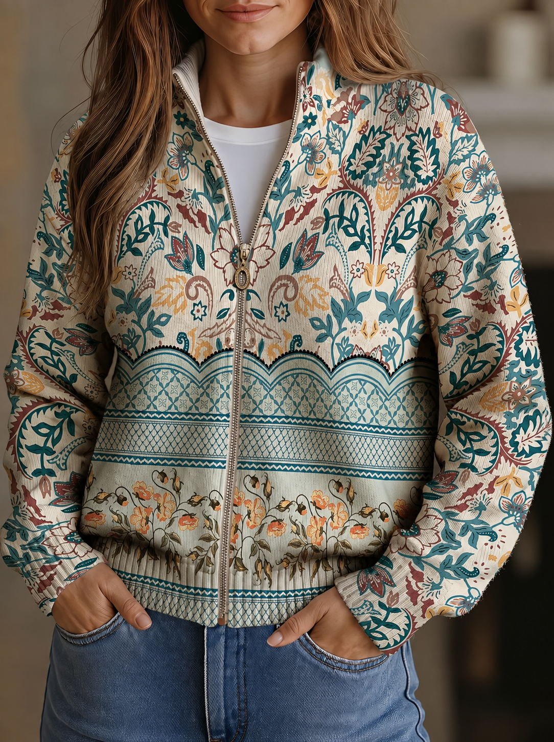 Olivia - Retro Floral Botanical Print Zip-Up Cardigan