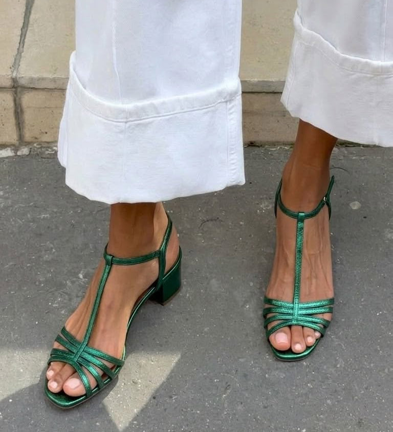 Solveig | Golden Strappy Block Heel