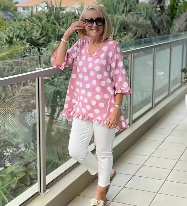 Denise | Relaxed V-Neck Polka Dot Blouse