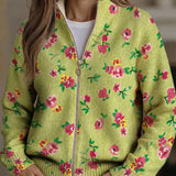 Lauren - Floral Cardigan with Pink Blooms and Lime Green Zip