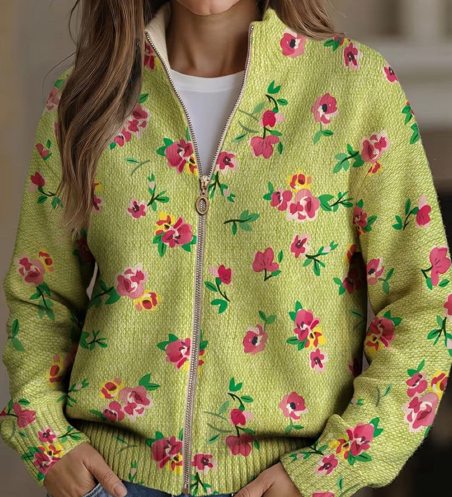 Lauren - Floral Cardigan with Pink Blooms and Lime Green Zip