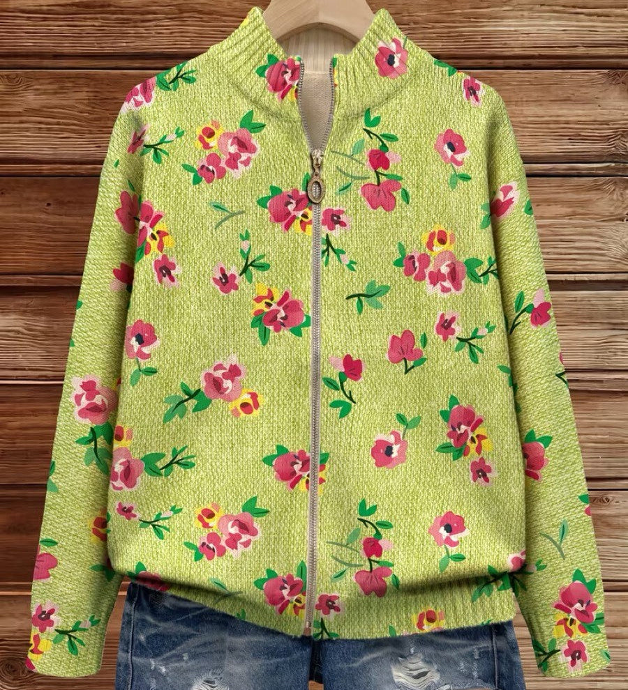 Lauren - Floral Cardigan with Pink Blooms and Lime Green Zip
