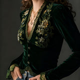 Nora | Long-Sleeve Velvet Blouse with Embroidered Flowers