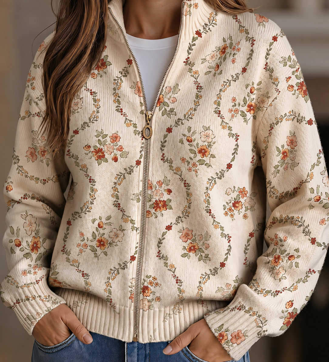 Danielle - Delicate Floral Print Zip-Up Cardigan