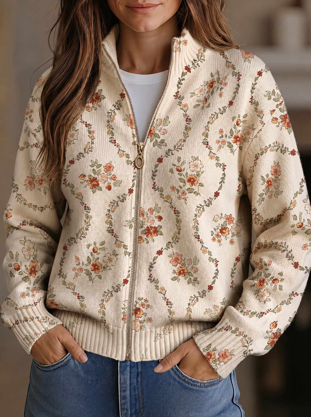 Danielle - Delicate Floral Print Zip-Up Cardigan