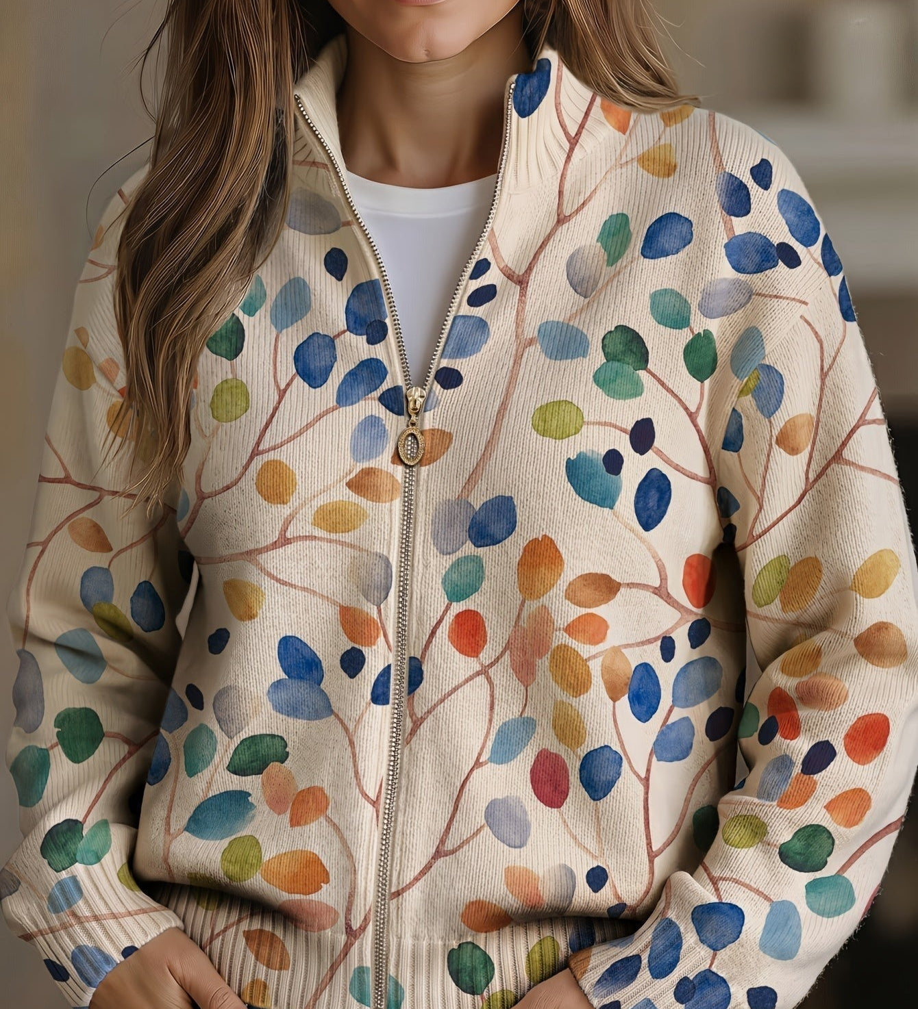 Fiona - Botanical Print Zip-Up Cardigan