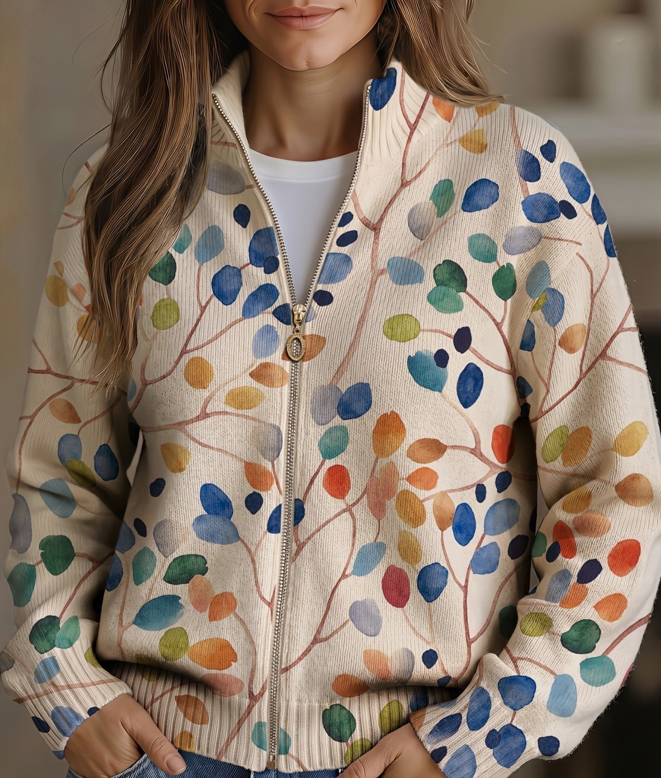 Fiona - Botanical Print Zip-Up Cardigan