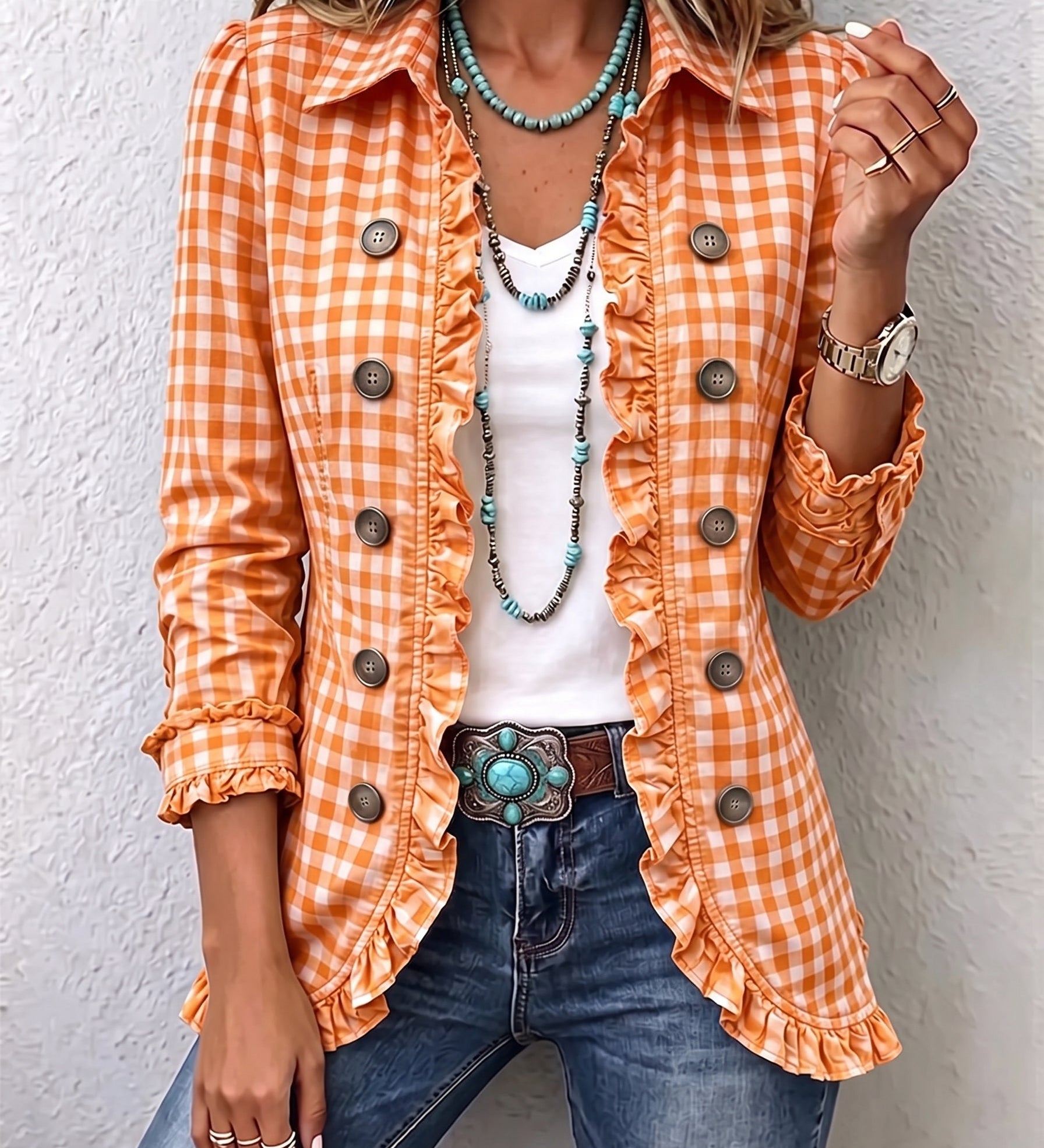 Purification | Gingham Check Jacket with Ruffles