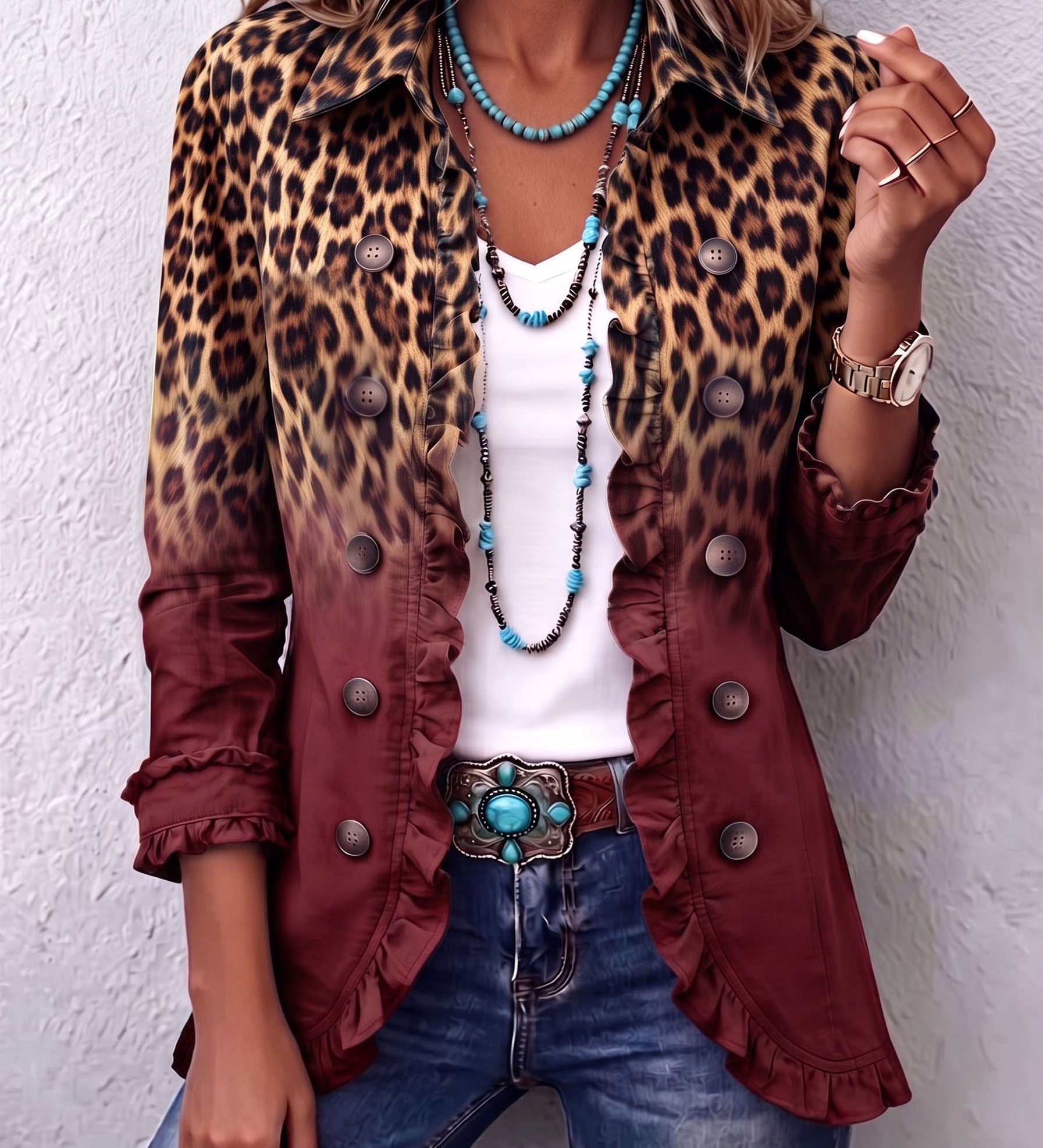 Mercedes | Leopard Print Blazer Jacket with Ruffles