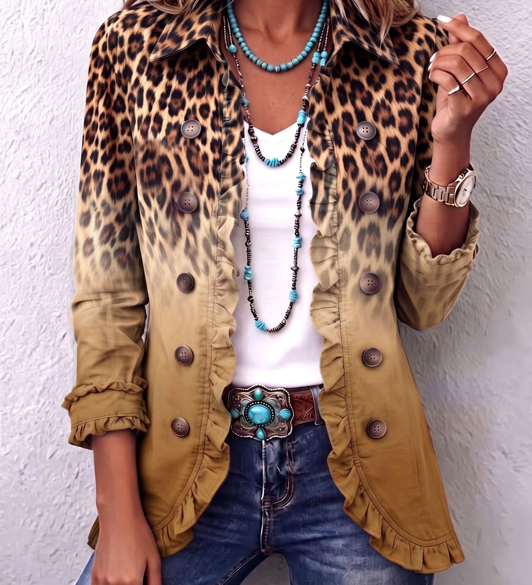 Mercedes | Leopard Print Blazer Jacket with Ruffles