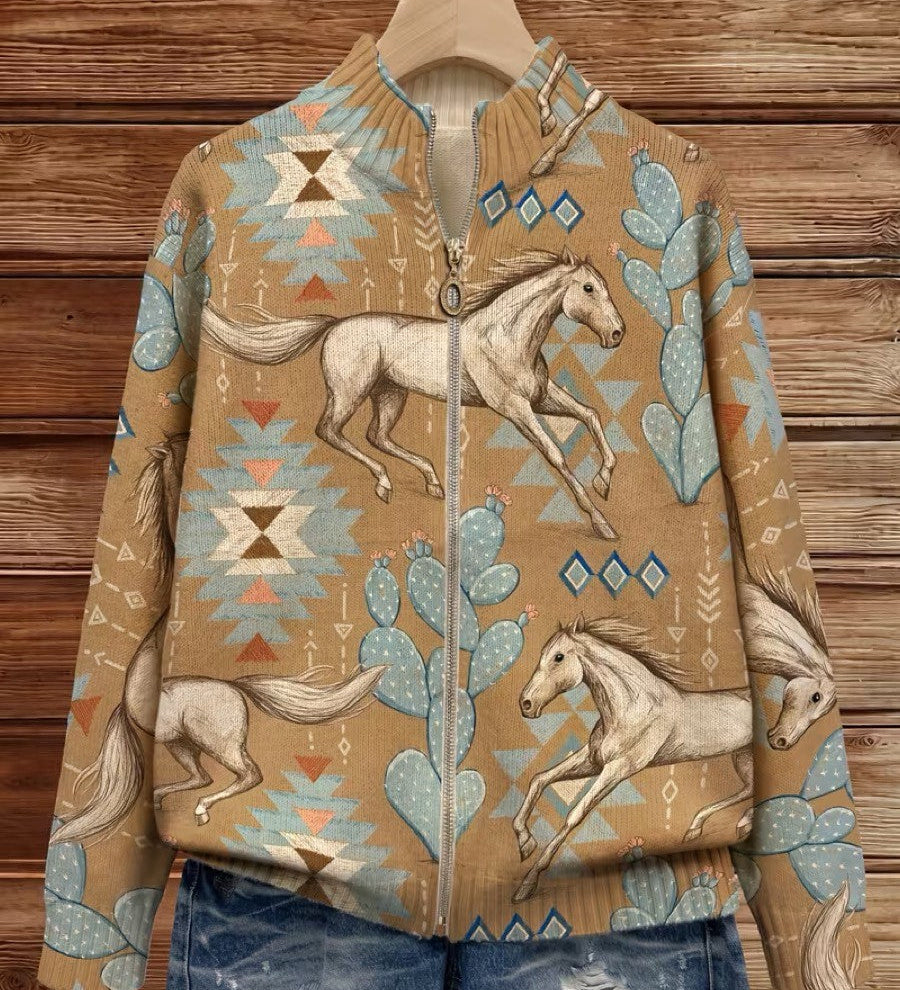 Kaitlyn - Cactus & Desert Horse Zip-Up Cardigan