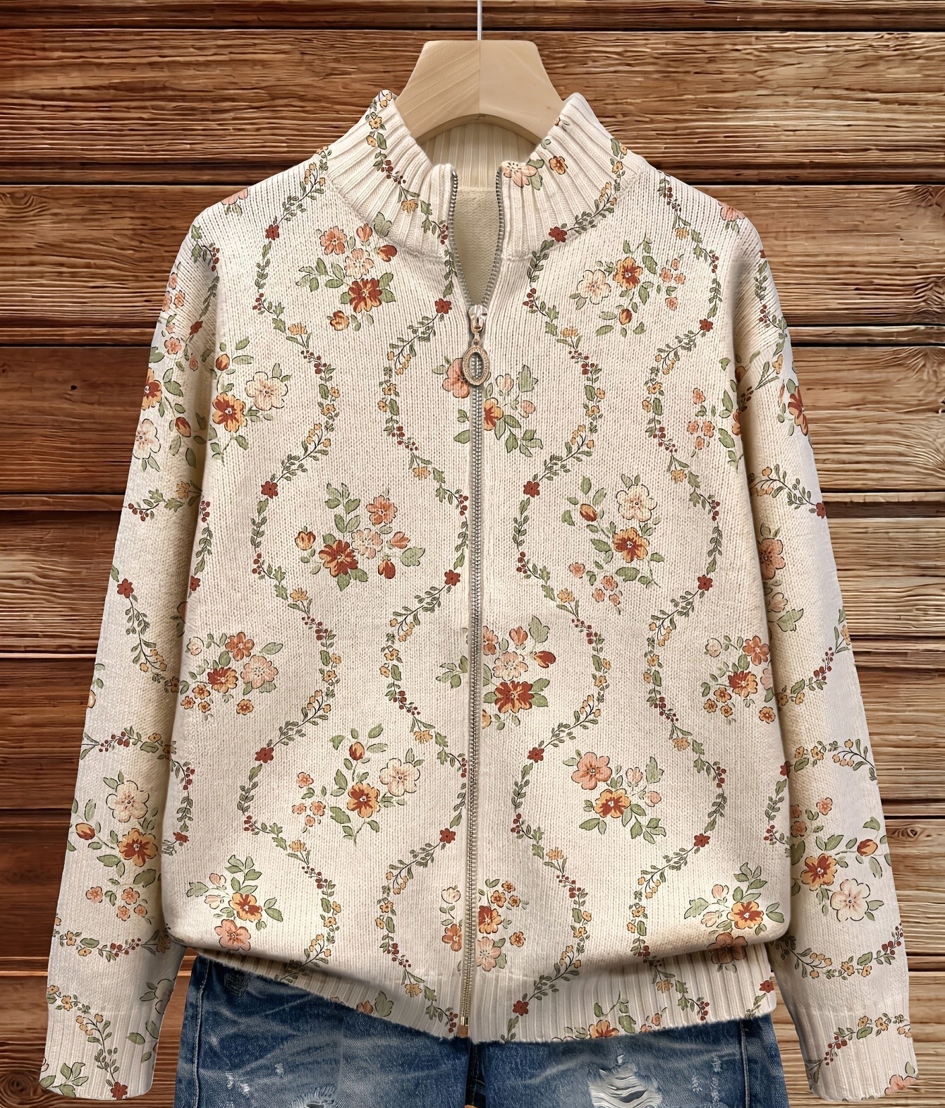 Danielle - Delicate Floral Print Zip-Up Cardigan