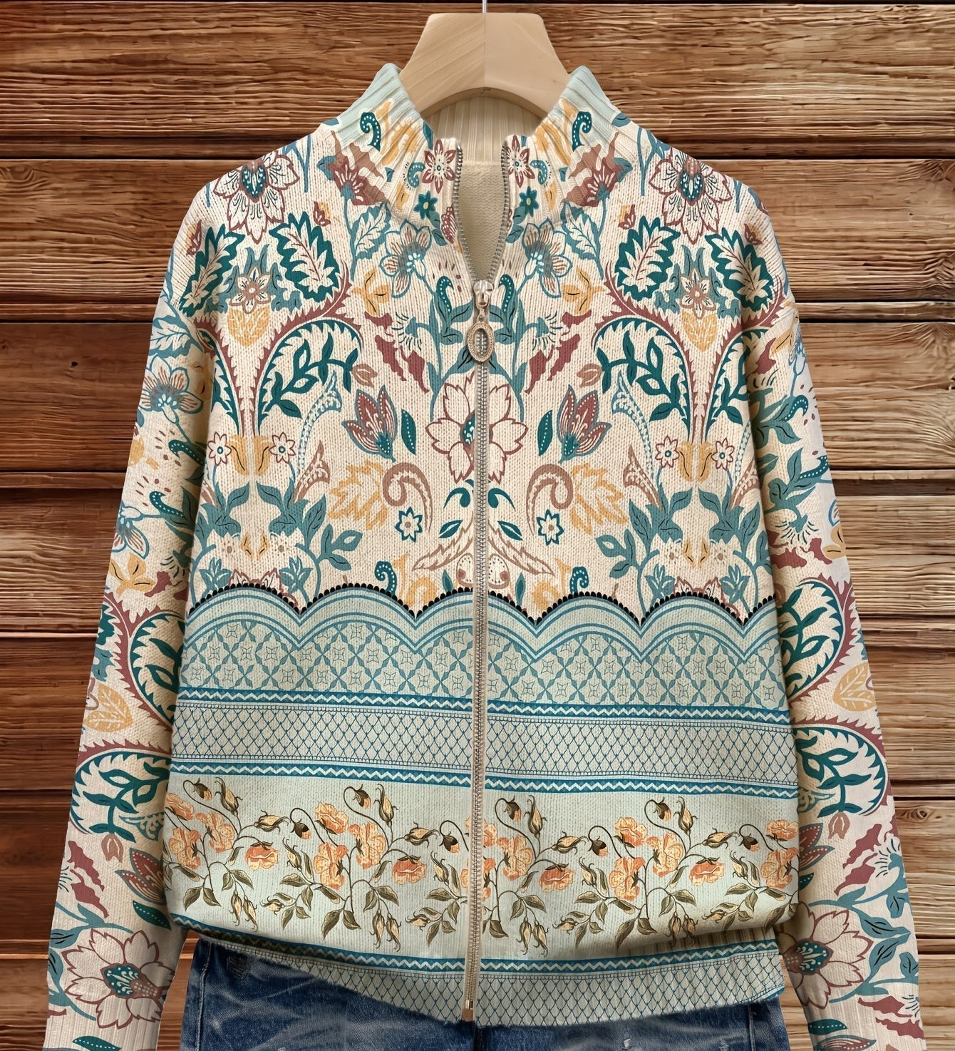Olivia - Retro Floral Botanical Print Zip-Up Cardigan
