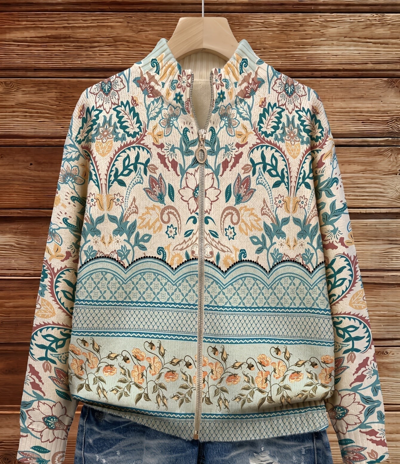 Olivia - Retro Floral Botanical Print Zip-Up Cardigan