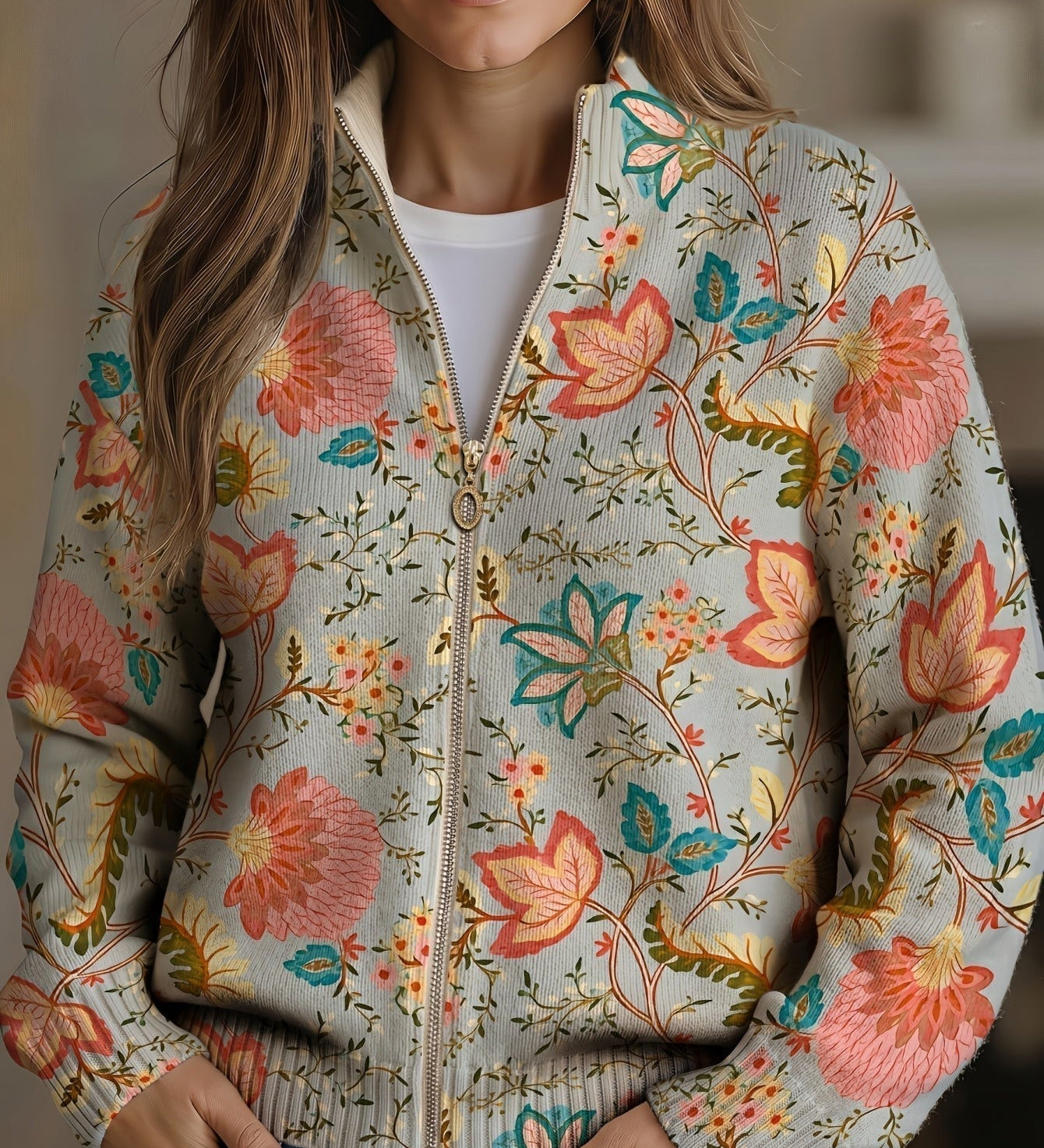 Hailey - Retro Floral Garden Zip-Up Cardigan