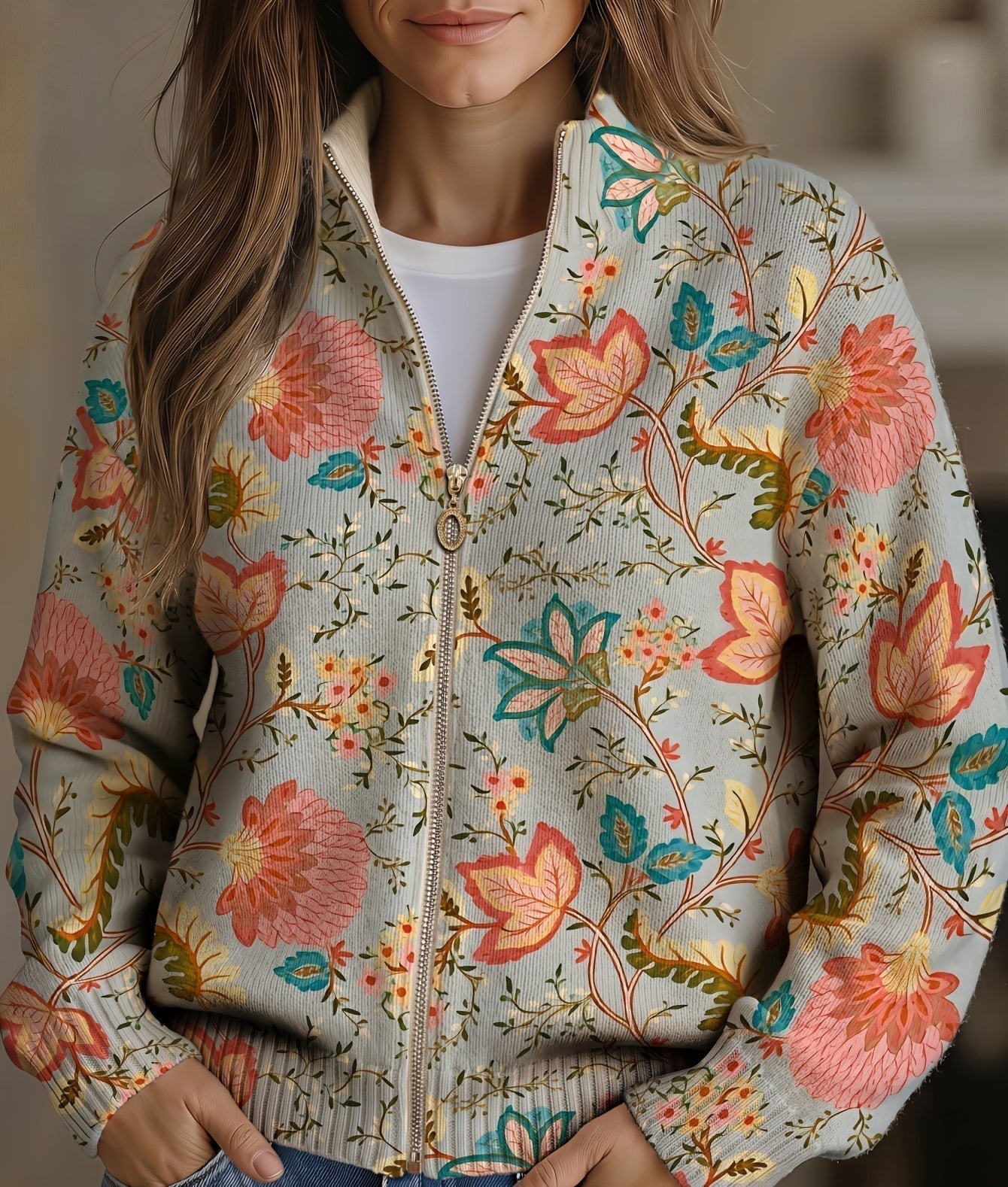 Hailey - Retro Floral Garden Zip-Up Cardigan