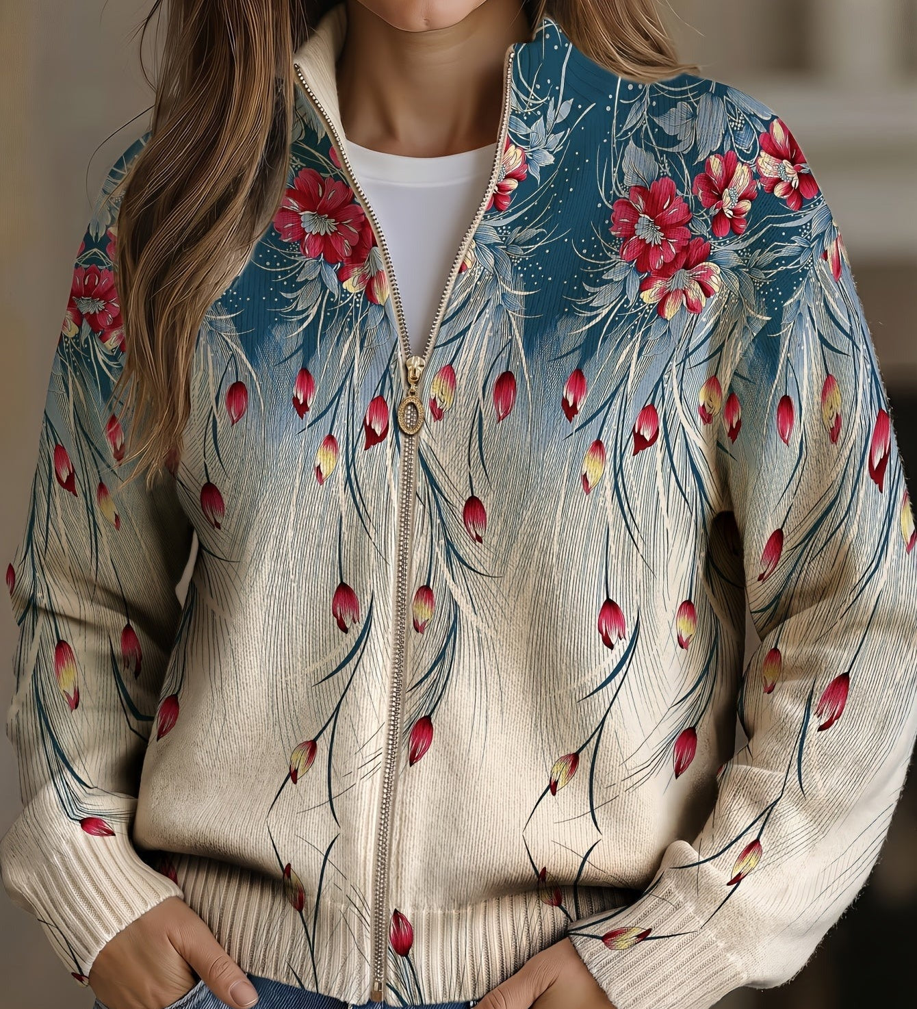 Gabrielle - Floral Feather Print Gradient Zip-Up Cardigan