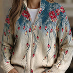 Gabrielle - Floral Feather Print Gradient Zip-Up Cardigan
