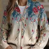 Gabrielle - Floral Feather Print Gradient Zip-Up Cardigan