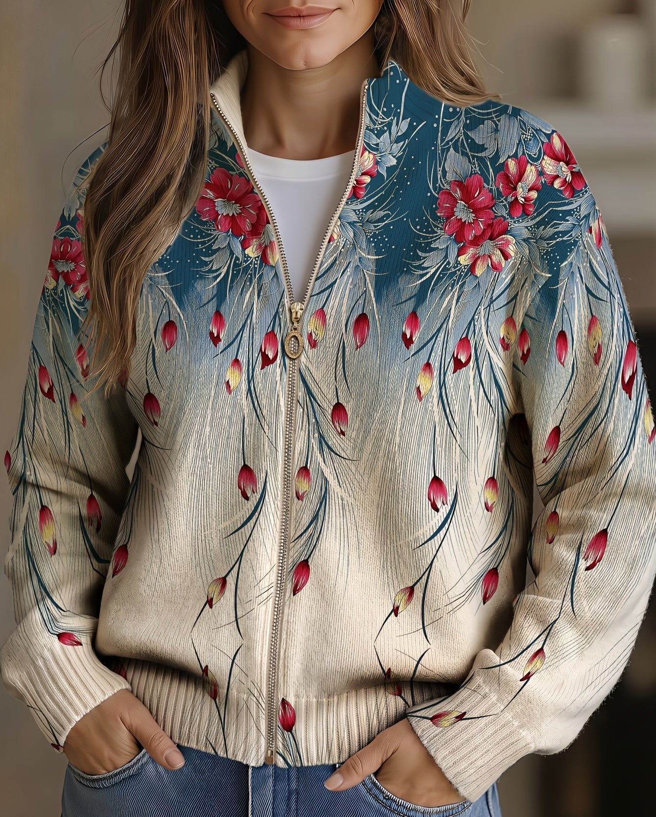 Gabrielle - Floral Feather Print Gradient Zip-Up Cardigan